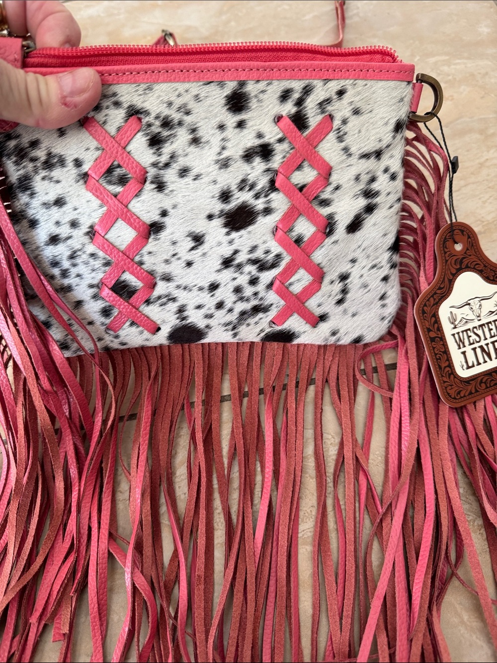Western-Inspired Pink Fringe Crossbody with Haircalf Accent - Picture 3 of 4
